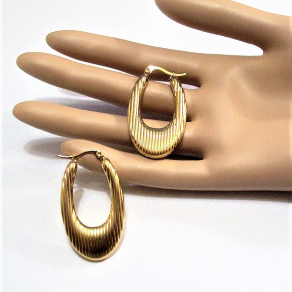 24K Gold Plated Lined Teardrop Hoop Pierced Post Earrings 44mm Long Stainless - Picture 12 of 12